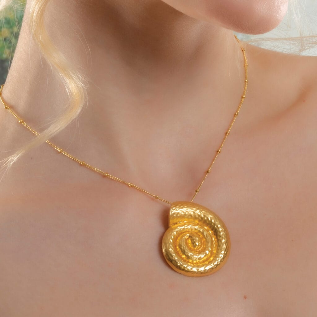 Textured Coral Shell Pendant Necklace with Sea Gold Spiral Design, Handmade 22KT Real Gold Plated Brass Alloy Jewelry for Women