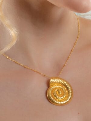 Textured Coral Shell Pendant Necklace with Sea Gold Spiral Design, Handmade 22KT Real Gold Plated Brass Alloy Jewelry for Women