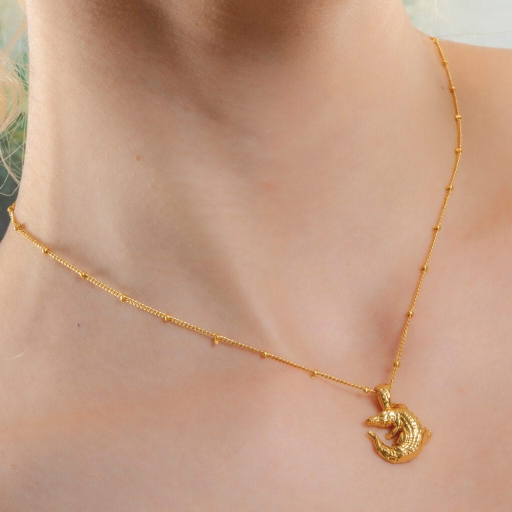 Miniature Alligator Pendant Necklace in 22KT Real Gold Plating for Women and Girls.