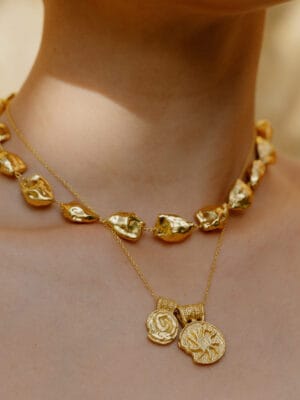 Women Asymmetrical Nugget Necklace, Handmade 22KT Real Gold Plated Brass Alloy Contemporary Statement Jewelry for Women