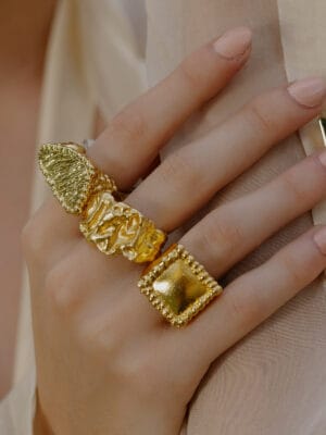 Handmade Textured Terrain Signet Ring with 22KT Gold Plating – Square Chunky Design for Men and Women