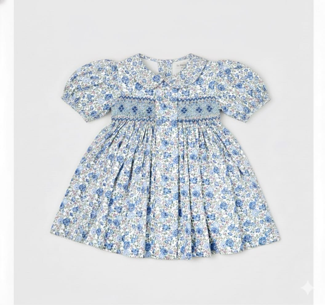 Ditsy Blue Roses Hand smocked Dress - Image 3