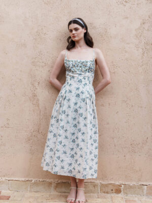 Ecru chanderi floral printed and pleated midi dress with lace embroidered bodice