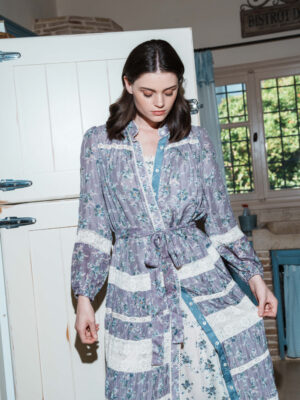 Lilac floral printed with lace insert front open dress with tie up belt with Ecru rayon smoking midi dress with scallop details