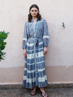 Lilac floral printed with lace insert front open dress with tie up belt