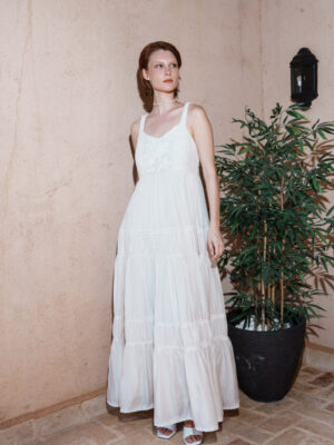 Ecru mul tiered dress with floral embroidery bodice
