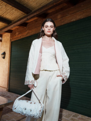 Ecru cotton rose lace quilted tree of life jacket with embroidered borders