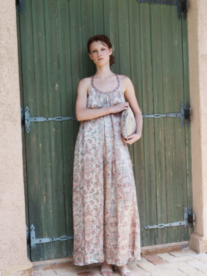 Beige satin paisley printed halter neck maxi with mirror embroidery