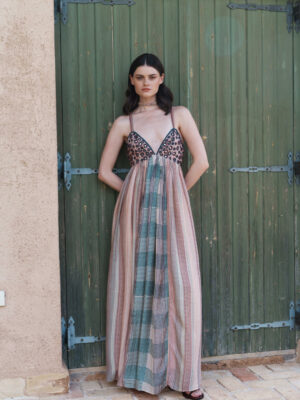 Beige multi printed maxi with mirror embroidered bodice