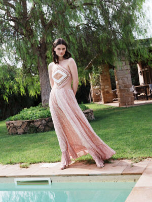 Salmon halter neck multi printed maxi with embroidered bodice