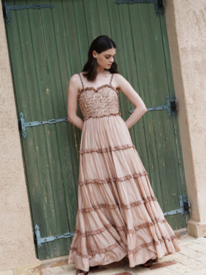 Nude mul tiered maxi with embroidered bodice
