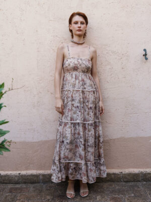 Nude chintz printed tiered midi dress with lace printed bodice