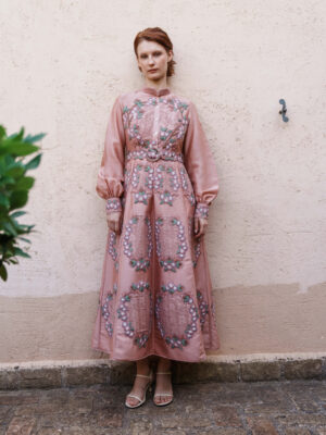 Onion pink chanderi dress with floral applique dress