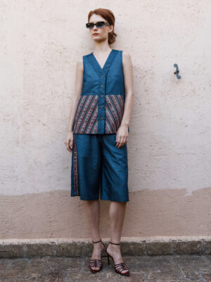 Denim embroidered waistcoat with embroidered bermuda shorts set