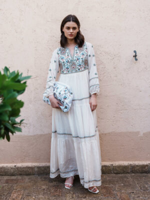 White mul paisley embroidered tiered maxi