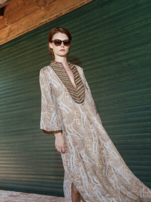 Beige paisley embroidered kaftan with bead embroidered yoke