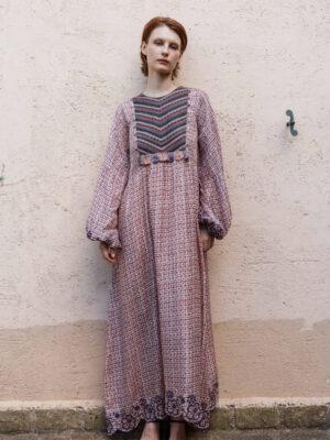 Onion pink printed maxi with embroidered yoke and schfflie hemline