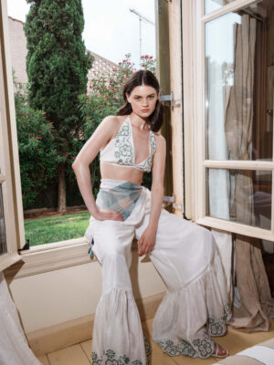 White mul schfflie top with embroidered schfflie sharar pants and printed scarf