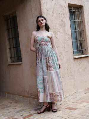 Beige spliced multi-printing gathered mul dress with belt