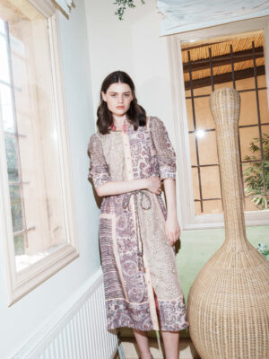 Salmon splcied multi-printed shirt dress with belt