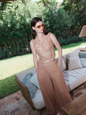 Nude textured fabric embroidered waist coat with pants