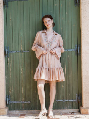 Nude mul ditsy embroidered mini dress