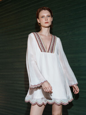 Pink mul embroidered scallop mini dress