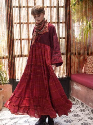 Red mirror embroidered tiered maxi