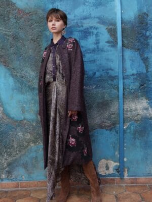 Maroon and black trench coat with florla embroidered applique