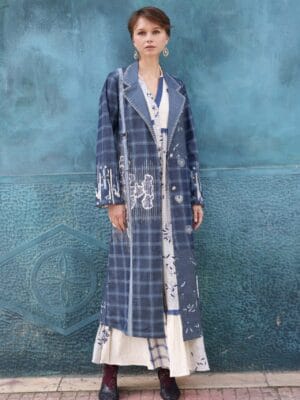 Denim printed and applique embroidered trench