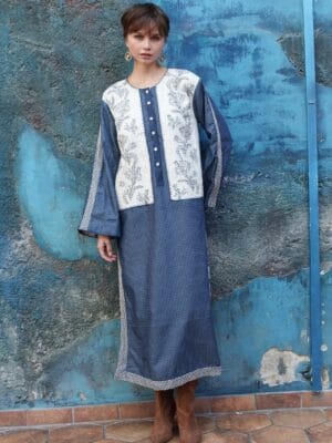 Blue denim kaftan tunic with embroidery yoke