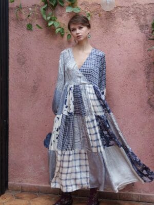 Bone color block multi printed tiered satin dress