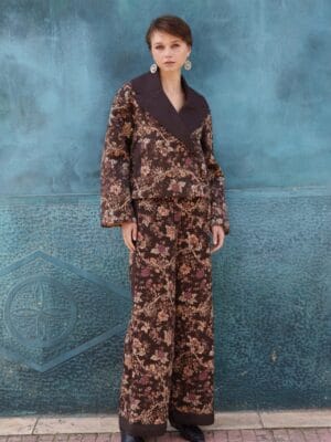 Brown satin chintz printed and quilted pantsuit