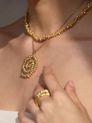 Molten Dance of Flames Necklace with Sea Gold Spiral Pendant, Handmade 22KT Real Gold Plated Brass Alloy Statement Jewelry for Women