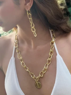 Embossed Snake Serpent Sovereign Necklace, Handmade 22KT Gold Plated Brass Alloy Jewelry, Minoan Snake Goddess Pendant for Women and Men