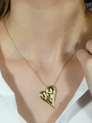 Sculpted Heart Chain Necklace for Women with 22KT Gold Plated Chunky Heart Pendant