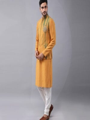 Tie & Dye Bundi Jacket with Placement Hand Embriodery. It is paired with Kurta and Pyjama.