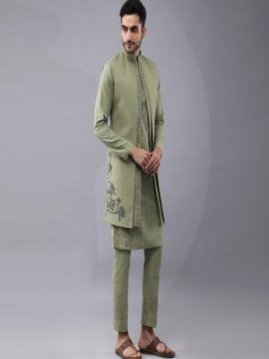 Placement printed pannelled Bundi Jacket with hand embroidery, It is paired with self dori work kurta and pants.