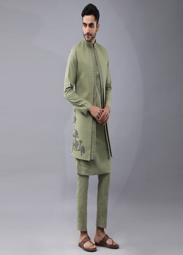 Placement printed pannelled Bundi Jacket with hand embroidery, It is paired with self dori work kurta and pants.