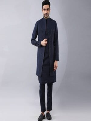 Indowestern with quilted yoke and intricate dori work. It is paired with kurta highlights with dori work and pants.