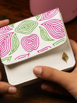 Green Hermitage LANA Cactus Leather Card Holder with Magnetic button flap closure Embroidery on top flap | Credit & Debit Card Holder | 3 Cash and Card Slots 2 Mini slots for Change (White)