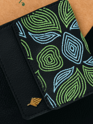 Green Hermitage LANA Cactus Leather Card Holder with Magnetic button flap closure Embroidery on top flap | Credit & Debit Card Holder | 3 Cash and Card Slots 2 Mini slots for Change (Black)