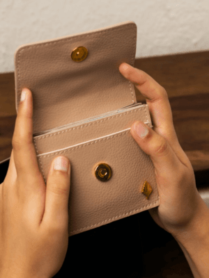 Green Hermitage LANA Cactus Leather Card Holder with Magnetic button flap closure Embroidery on top flap | Credit & Debit Card Holder | 3 Cash and Card Slots 2 Mini slots for Change (Almond)