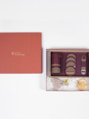 Green Hermitage Festive Gift Boxes Apple Leather| The Luxe Bar Ensemble | 1 Bar Tray ,1 Wine Bottle Holder,1 Bottle Opener, Set of 4 - Coasters ,Pack of 5 - Vegan Chocolate Bites ,1 Urli Soy Wax Candle (Multicolour)