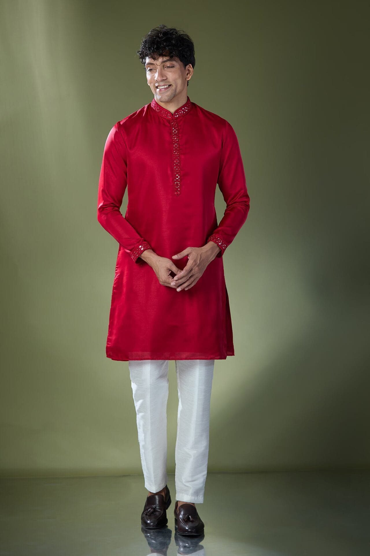 Cherry Red Mirror Embroidered Kurta
