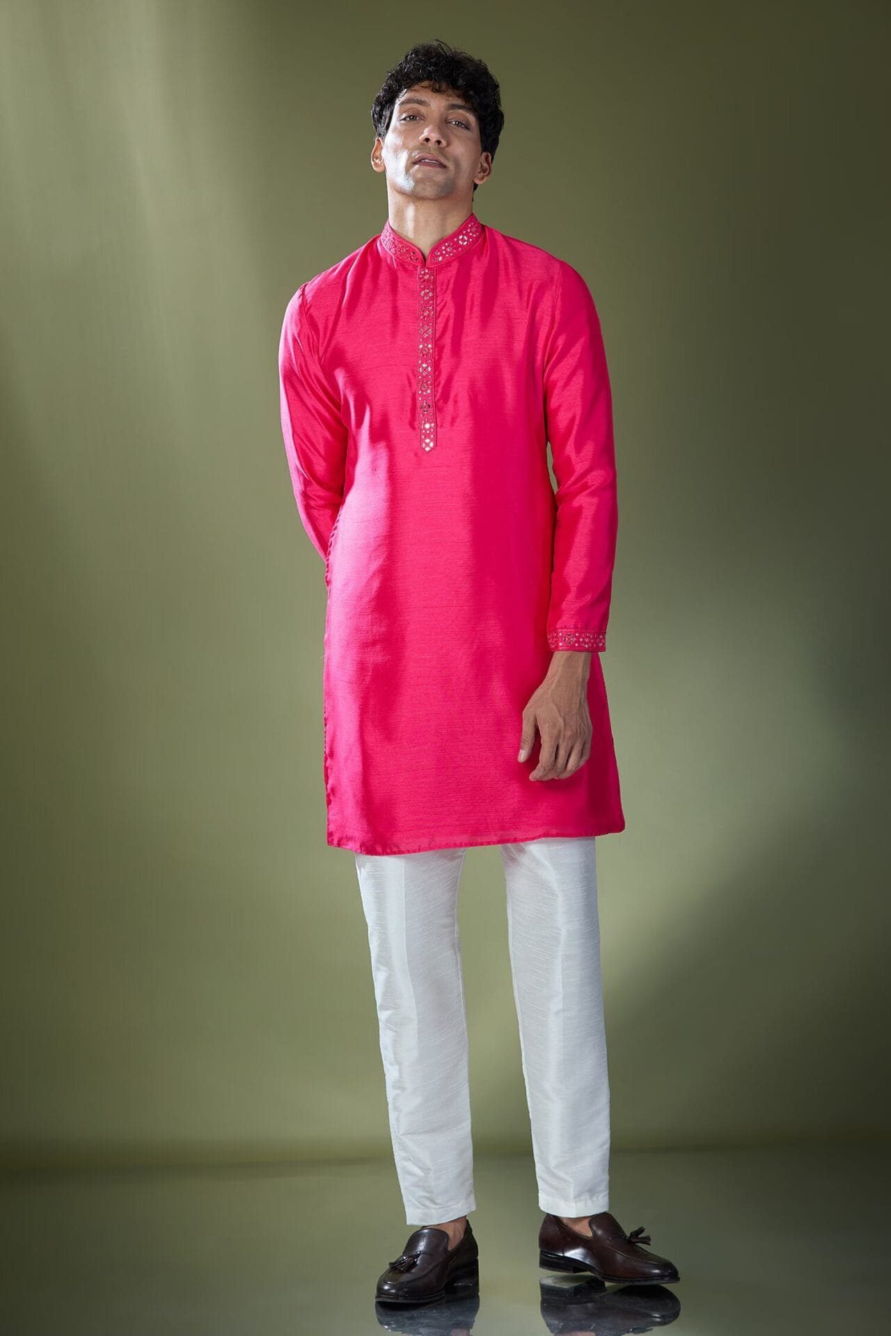 Fuscia Mirror Embroidered Kurta Set