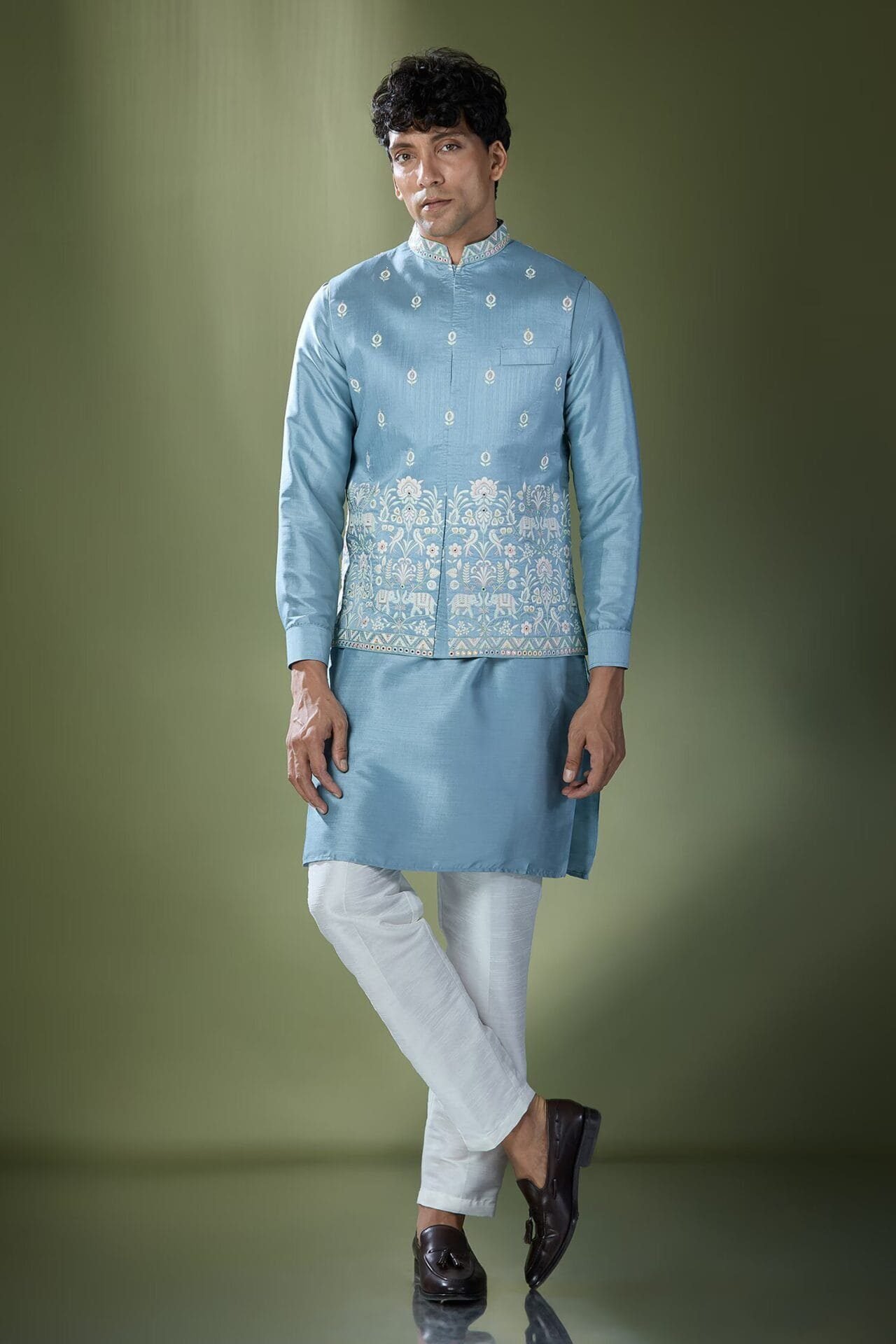 Blue Embroidered Kurta-Jacket Set
