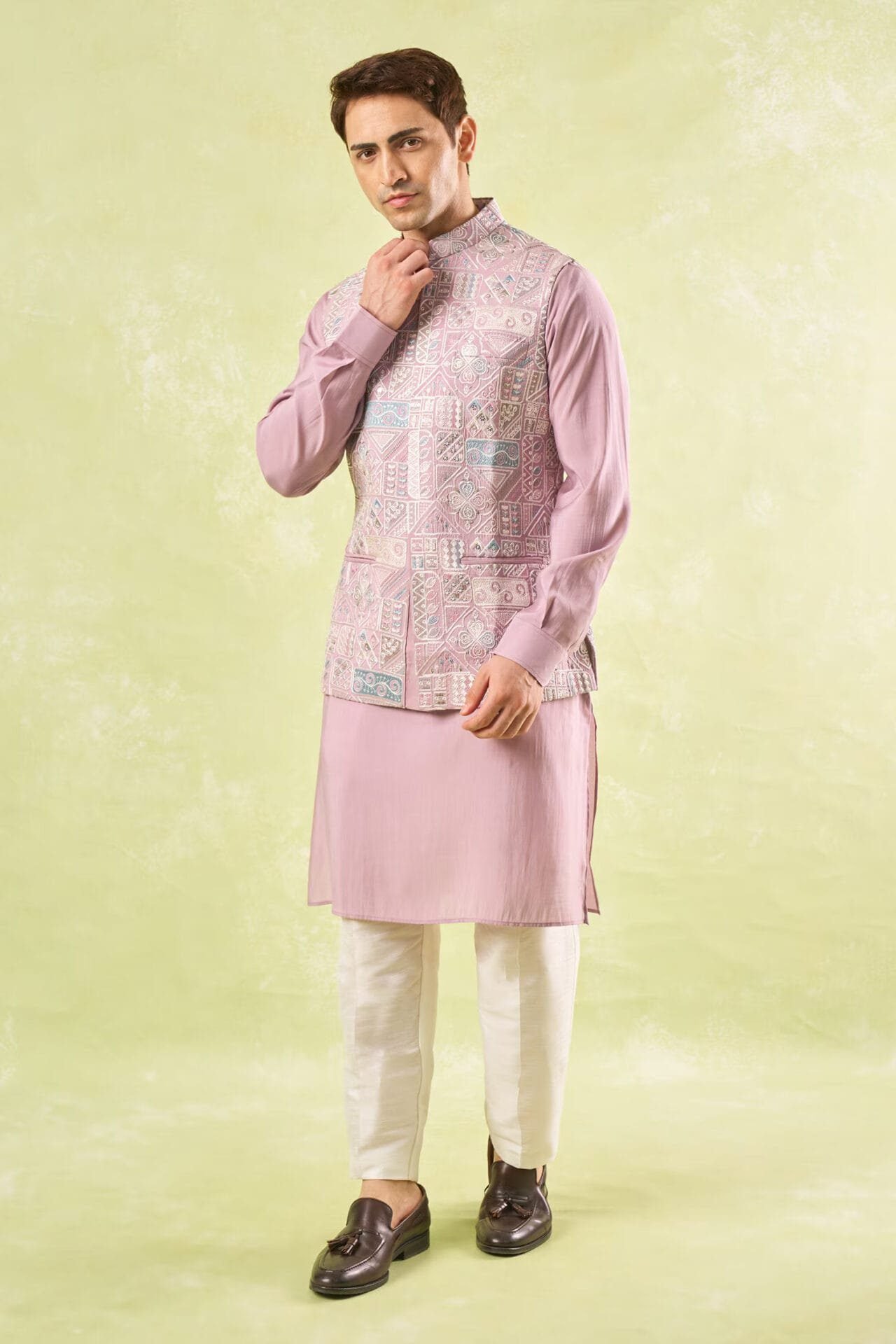 Mauve Embroidered Kurta-Bundi Set