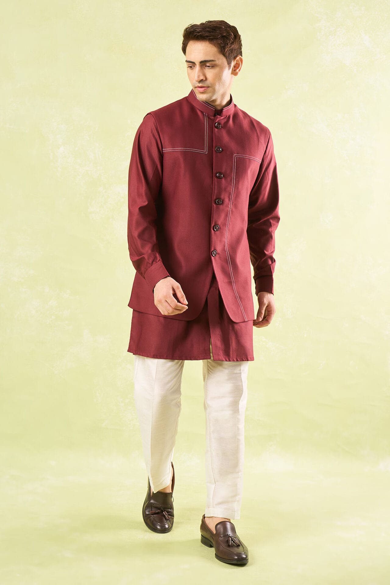 Maroon Running Stitch Kurta-Bundi S