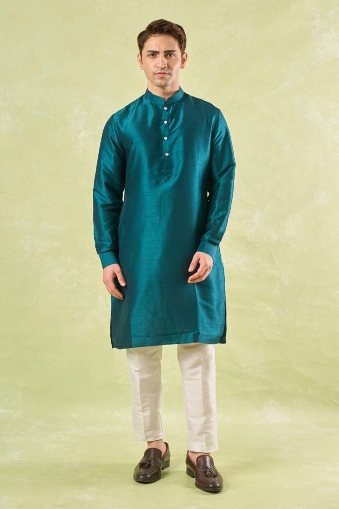 Bottle Green Embroidered Kurta-Bund